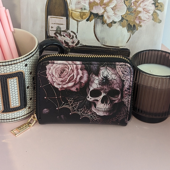 Skullette Handbags - Skullette Brand Pink Skull Roses & Spider Vegan Leather Wallet New!